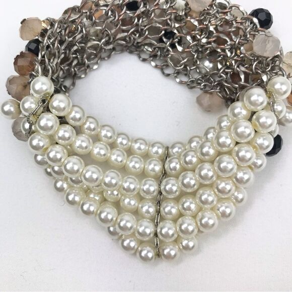 Taupe Blush Bead Rhinestone White Pearl Multi Strand Dangle Stretch Bracelet - Picture 8 of 9